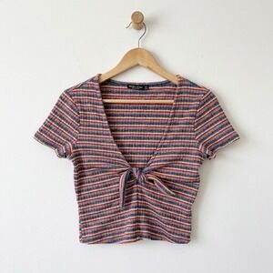 Bershka BSKGIRL Striped Front Tie Crop Top Short Sleeve Ribbed V-Neck Multi S